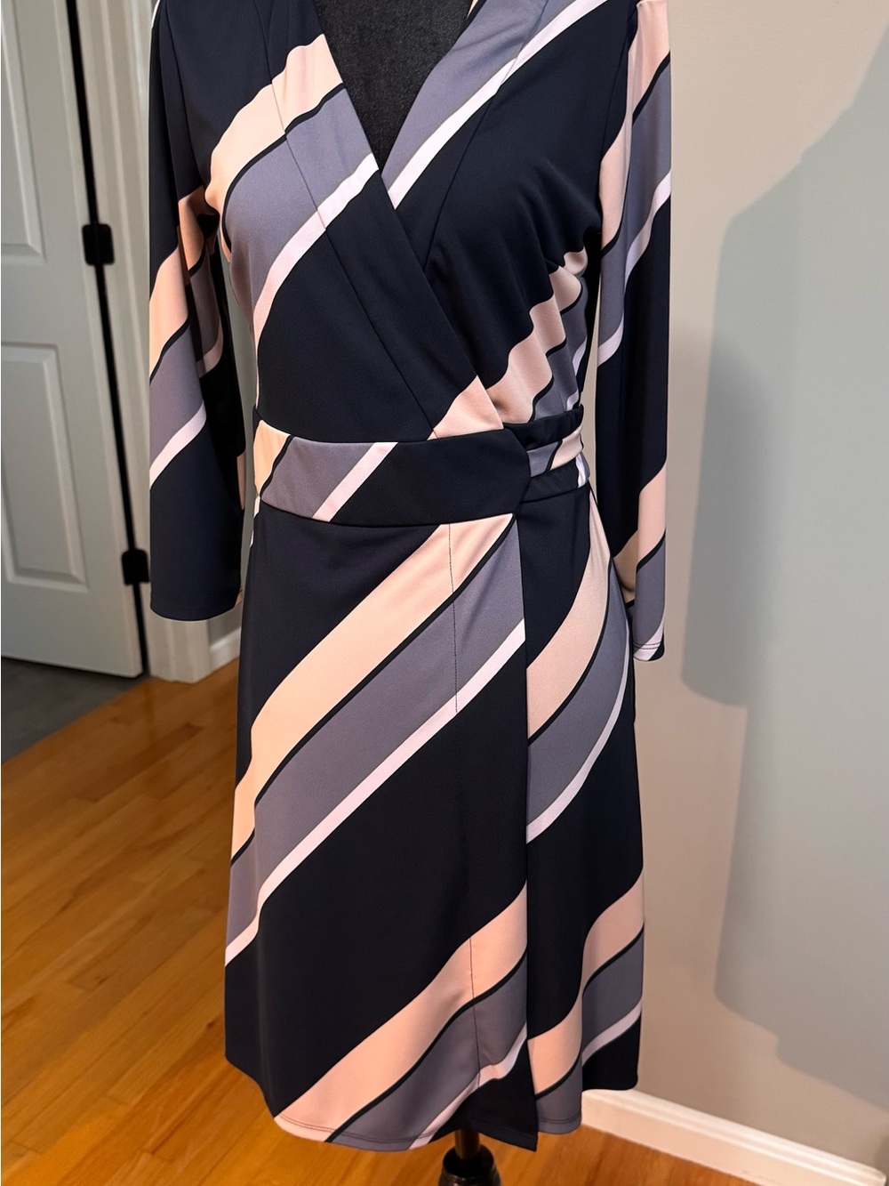 Ann Taylor Navy and Blush Diagonal Stripe Wrap Dress